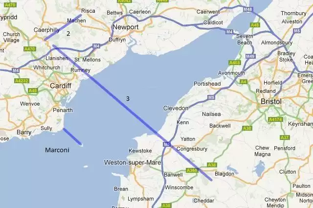 La ubicación de Cardiff para la prueba de conexión de 40 kilómetros se encuentra en el norte de la ciudad (264 metros sobre el nivel del mar), y el otro extremo de la línea de visión de 40 kilómetros es Black Down de Mendips (325 metros sobre el nivel del mar). al otro lado del Pasaje de Bristol.