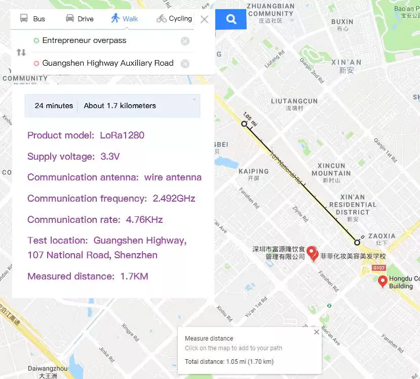 Prueba de distancia de transmisión del módulo LoRa1280 de 2,4 GHz