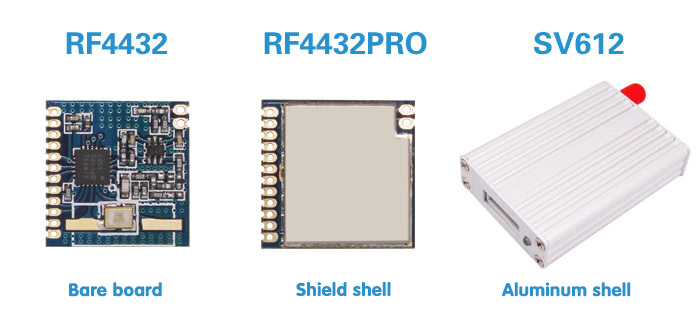 Módulo inalámbrico RF4432PRO con cubierta protectora y módulo inalámbrico SV612 con carcasa de aleación de aluminio