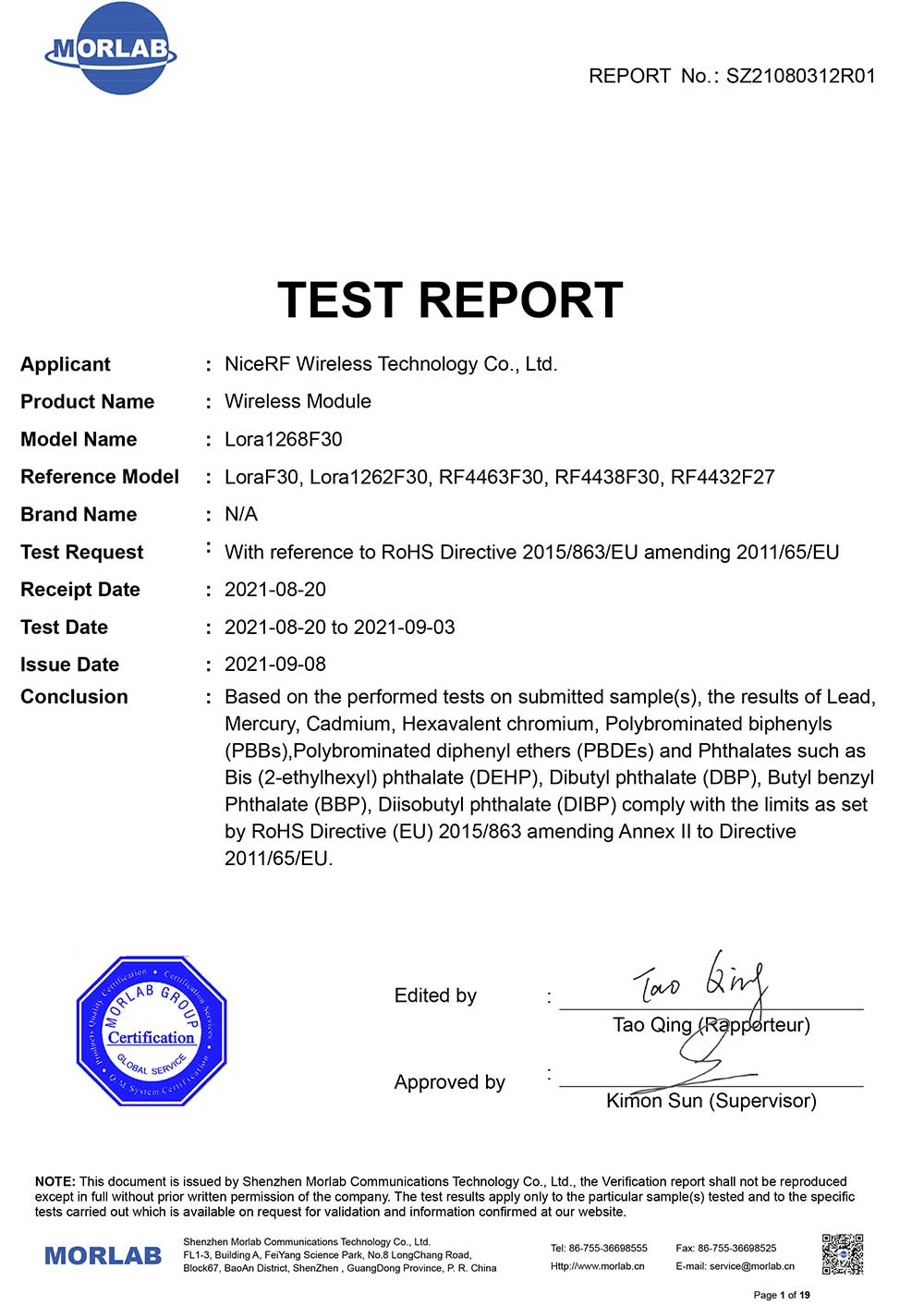 Certificación LoRa1268F30 ROHS