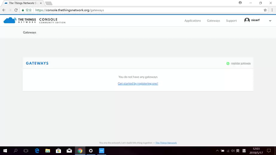 Haga clic en GATEWAYS para registrar una puerta de enlace LoRaWAN