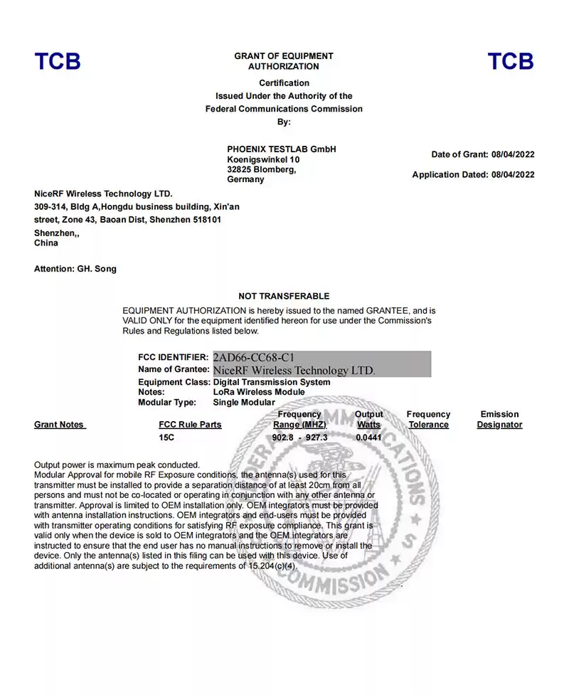 NiceRF obtuvo el certificado de identificación de la FCC de su nuevo módulo LLCC68 LoRa CC68-C1.
