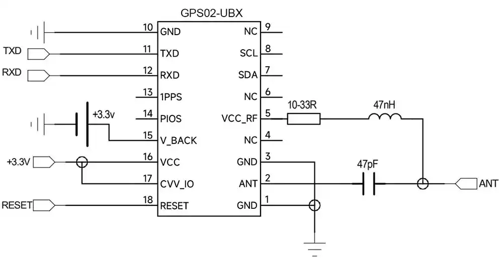Diagrama de conexión del circuito de aplicación de la antena activa del módulo GPS GPS02-UBX