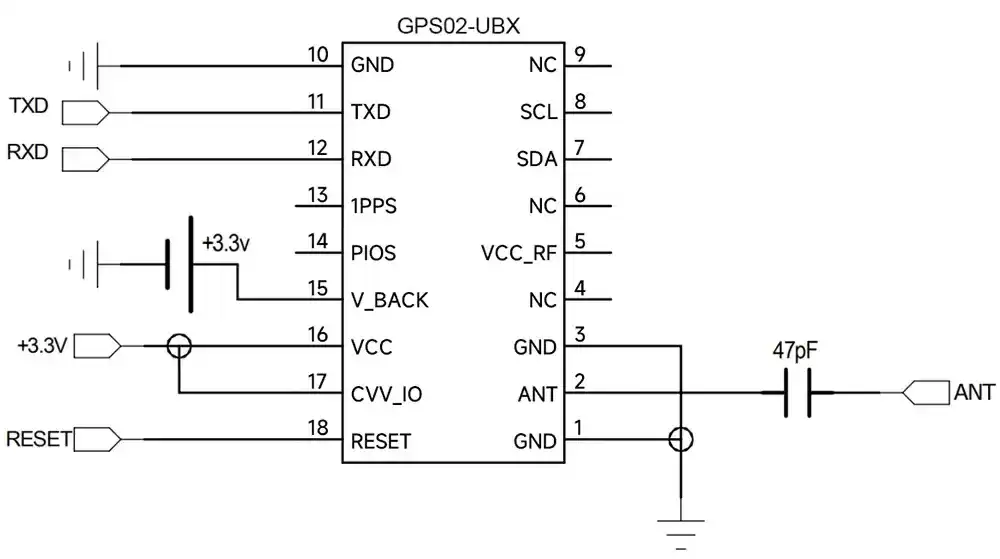 Diagrama de conexión del circuito de aplicación de la antena pasiva del módulo GPS GPS02-UBX
