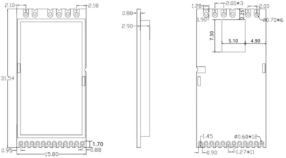 Dimensiones mecánicas del módulo RF inalámbrico LoRa1280F27-TCXO