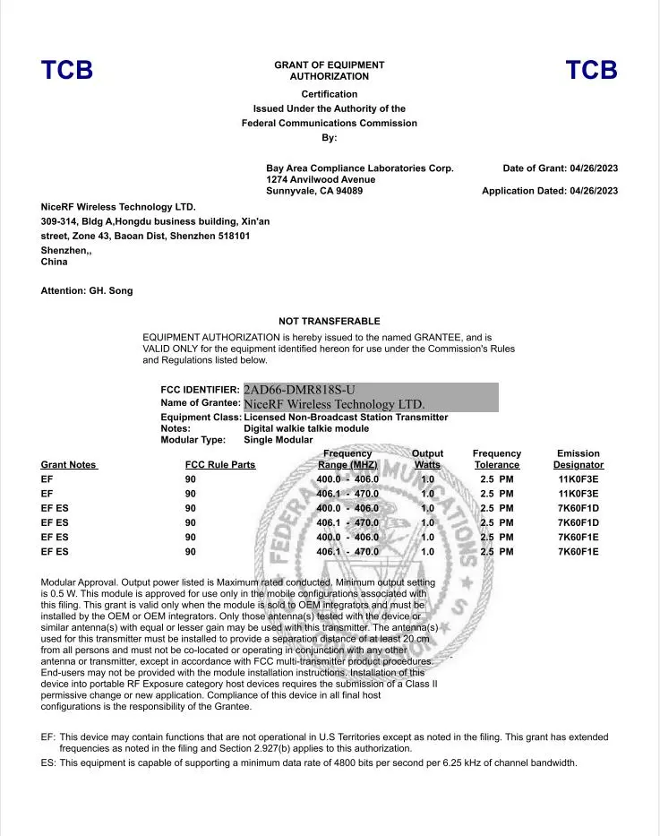 El módulo walkie-talkie DMR818S-U ha obtenido la certificación FCC