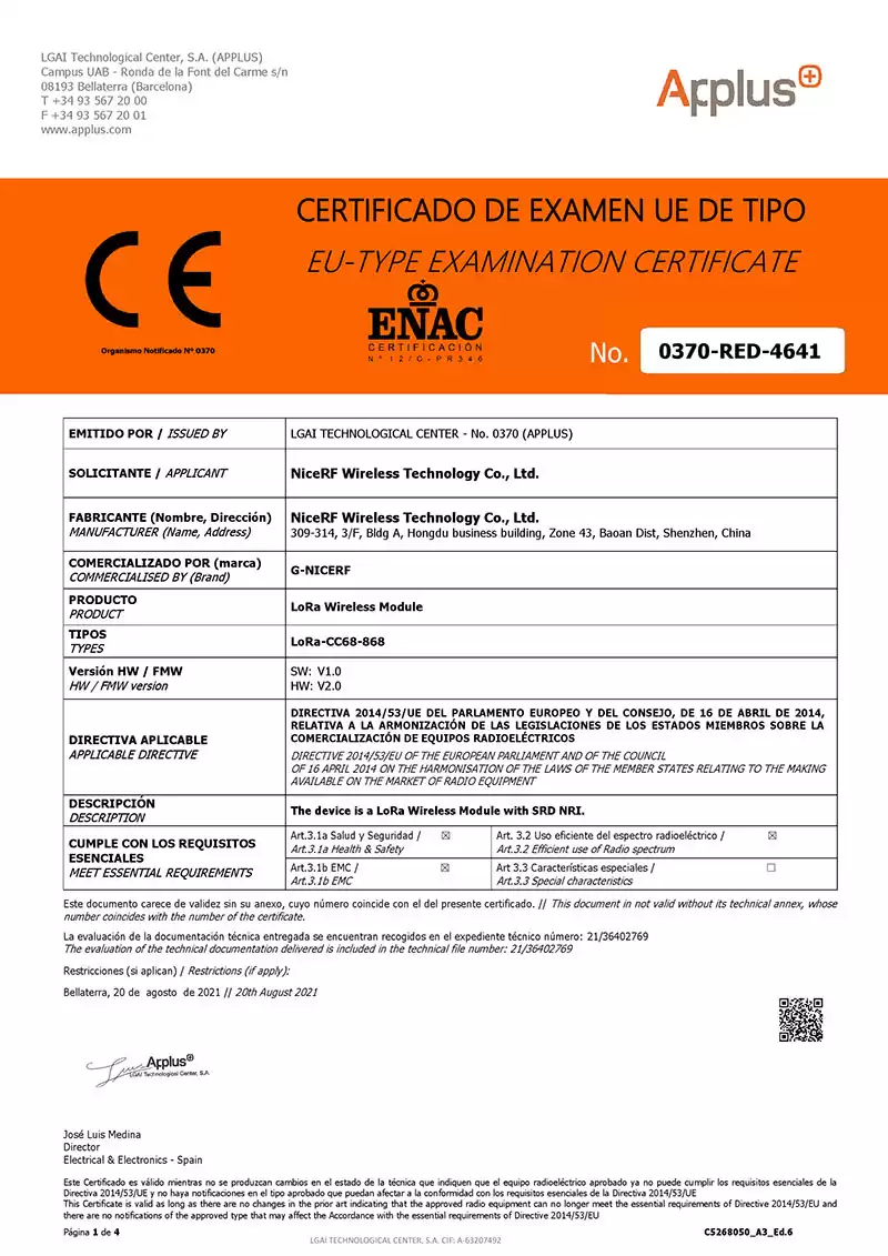 Módulo LoRa Certificación LoRa-CC68-868-CE-RED