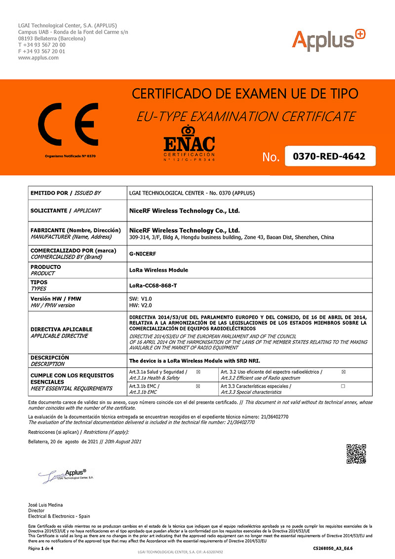 Módulo LoRa Certificación LoRa-CC68-868-TCXO-CE-RED