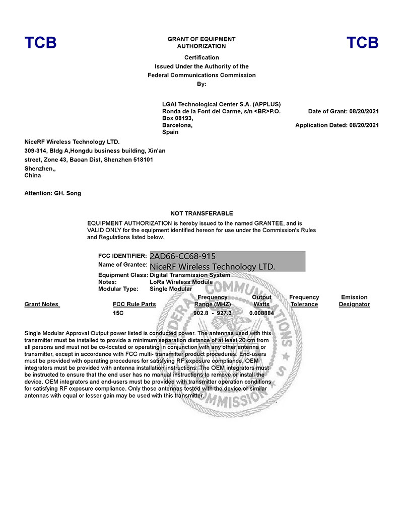 Módulo LoRa Certificación LoRa-CC68-915-FCC