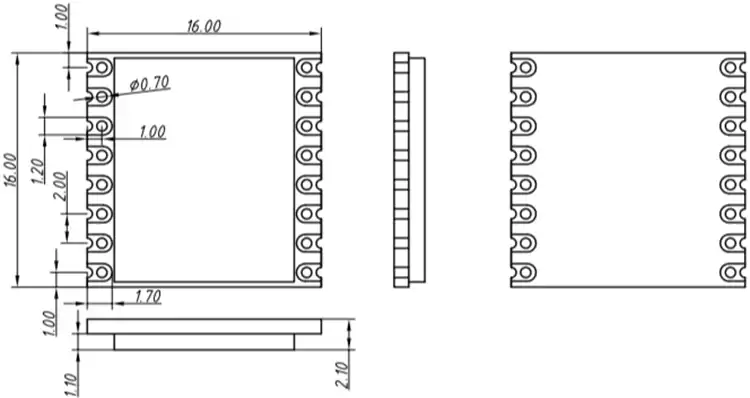 Dimensiones mecánicas del módulo transmisor y receptor de 2,4 GHz LoRa1280-TCXO