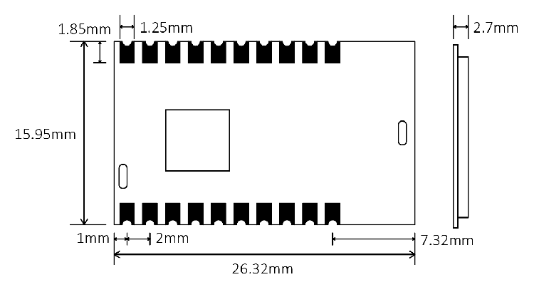 Dimensiones mecánicas del módulo LoRa LoRa1268F30-Mini