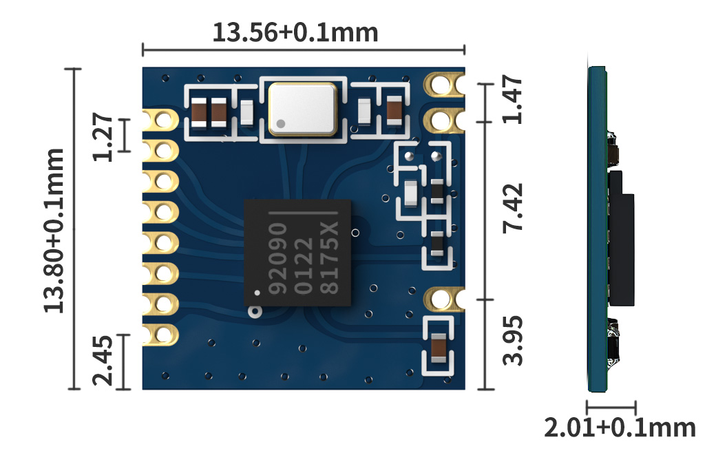 Dimensiones mecánicas del módulo inalámbrico RF9209 de 2,4 GHz de alta sensibilidad