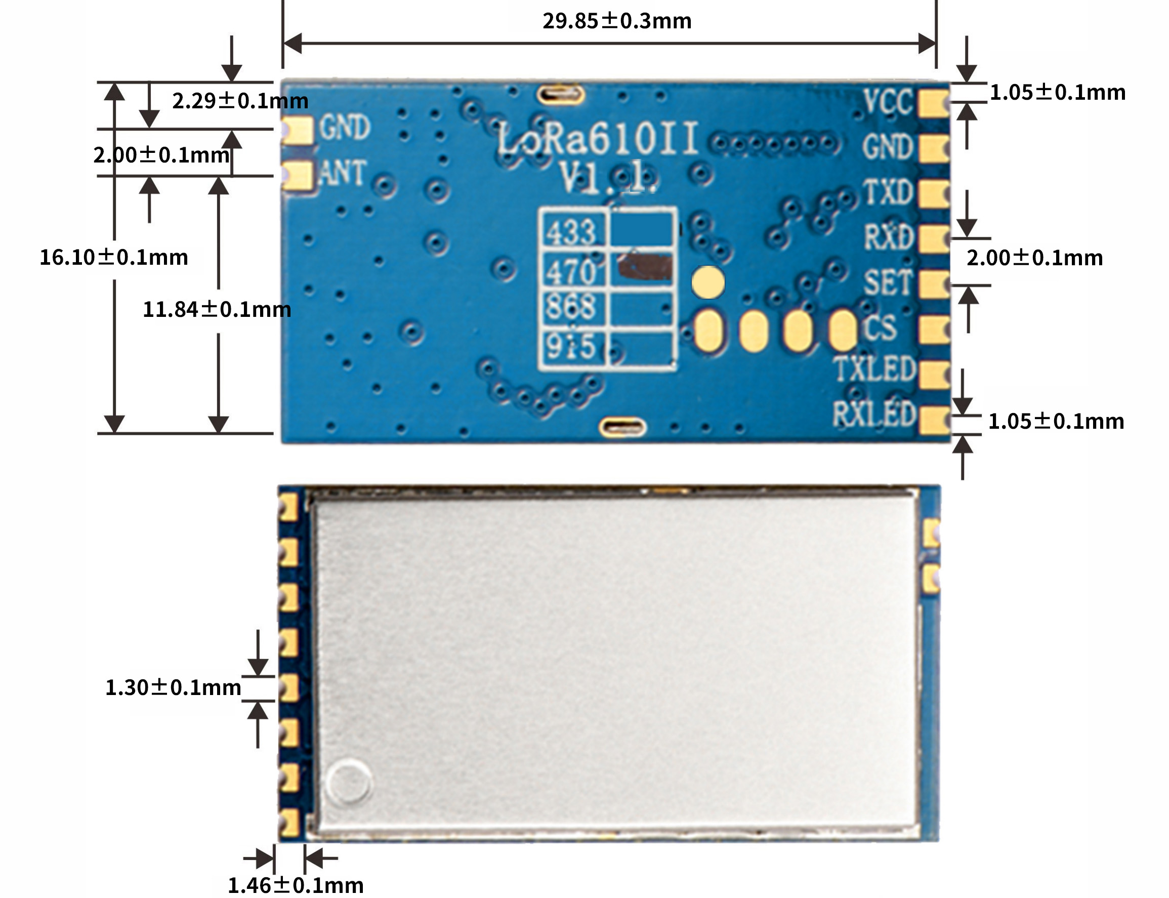 Dimensiones mecánicas del módulo LoRa LoRa610II
