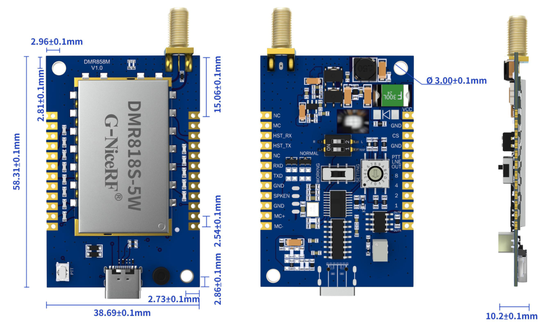 Dimensiones mecánicas del módulo DMR858M