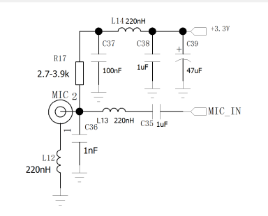 Diagrama esquemático del circuito de una etapa de entrada de micrófono (MIC) con un filtro de tres etapas (red LC) diseñado para suprimir el ruido TDD.