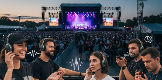 Personal del evento utilizando auriculares dúplex completos en un concierto multitudinario.