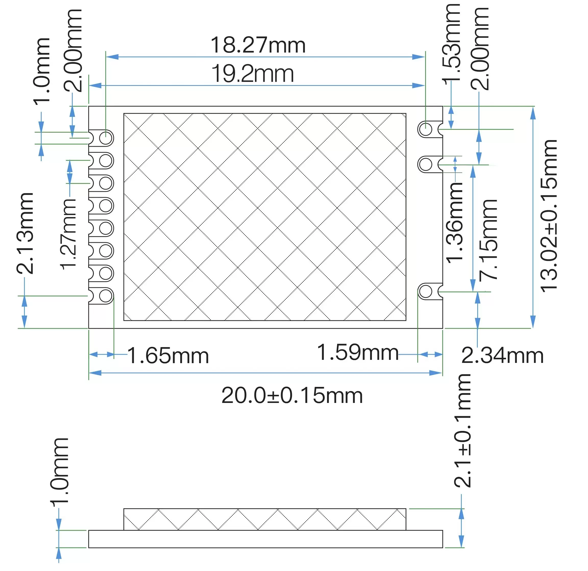 Dimensiones mecánicas del módulo RF Nordic original de 2,4 GHz RF2401F20