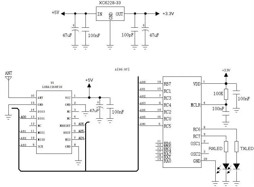 Circuito de aplicación del módulo inalámbrico LoRa1268F30.