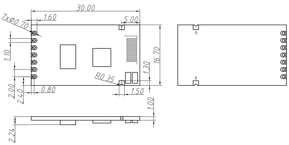 Dimensiones mecánicas del módulo de baliza UART integrado Beacon600