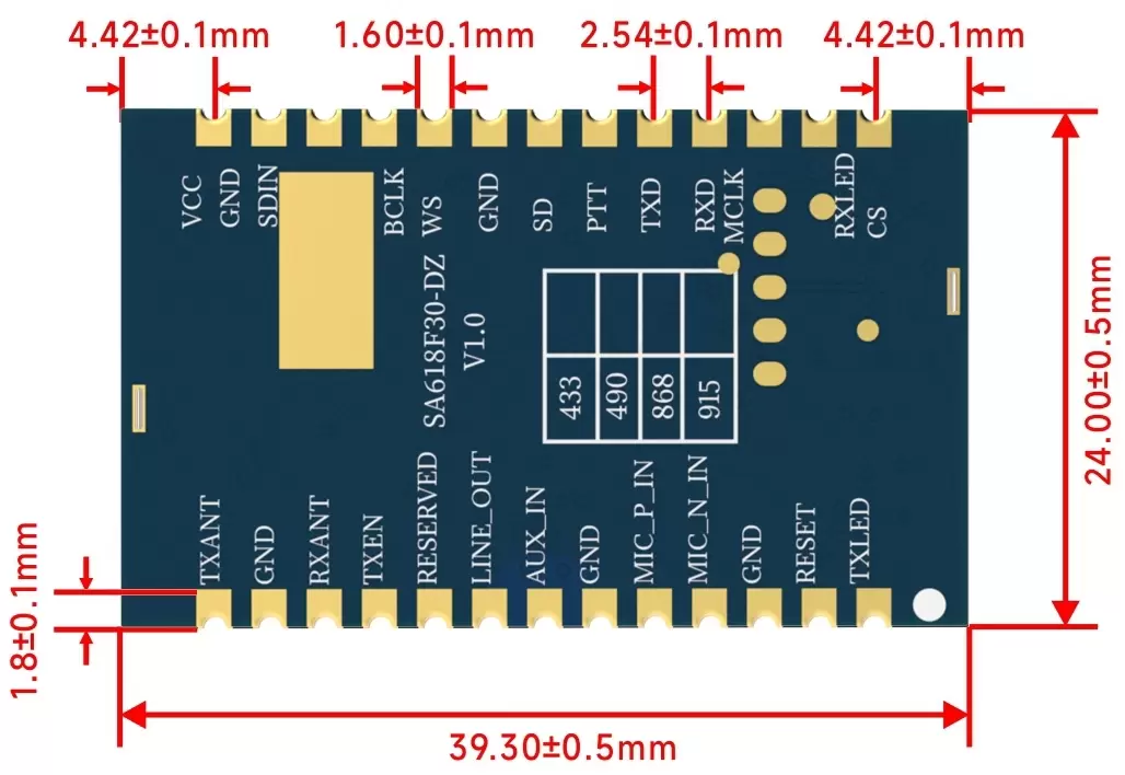 Dimensiones mecánicas del módulo de audio inalámbrico SA618F30-DZ