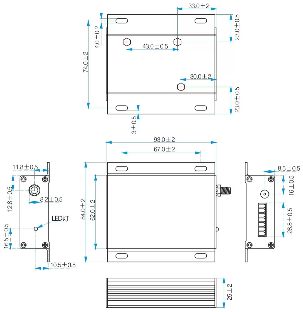 Dimensiones mecánicas del módem RF industrial SV6300 de 3 W
