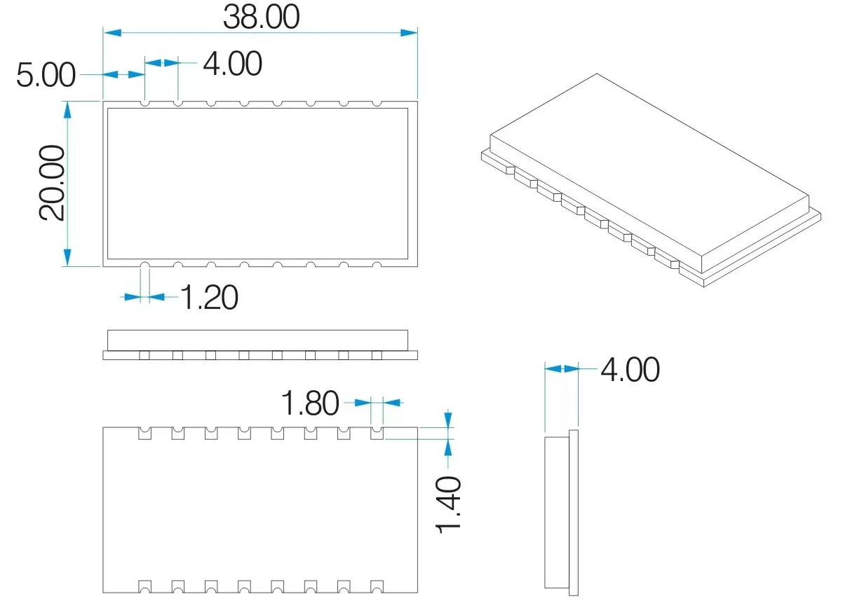 Dimensiones mecánicas de los módulos inalámbricos RF Mesh Network Uart SV650