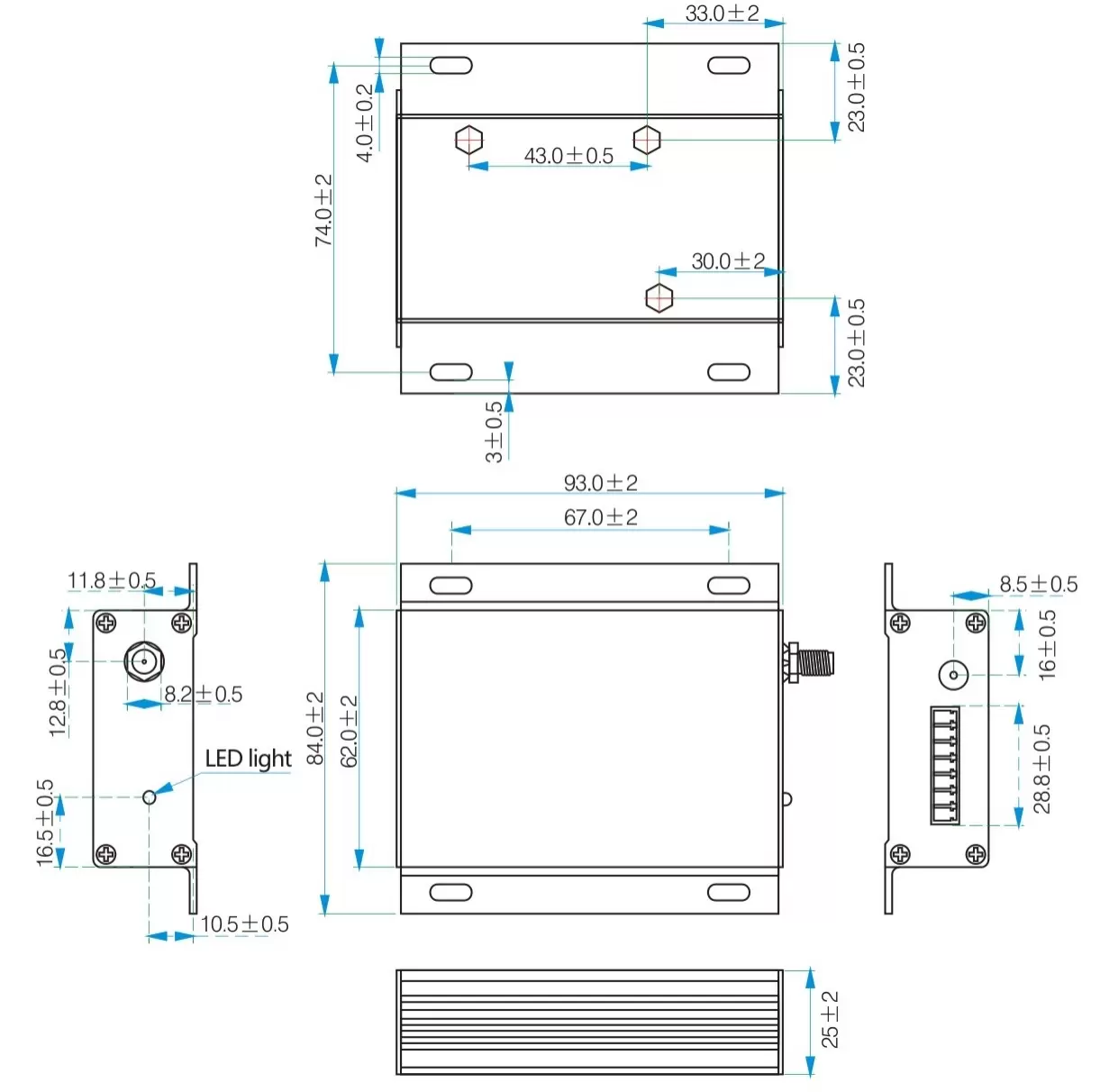 Dimensiones mecánicas de los módulos inalámbricos RF Uart de red en malla SV6300/6500
