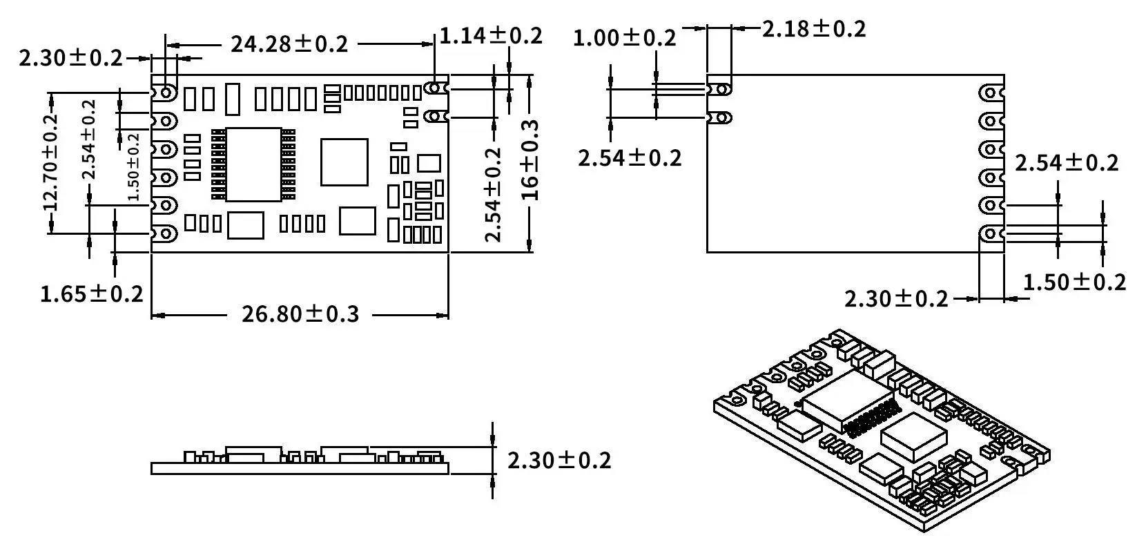 Dimensiones mecánicas del módulo Uart RF SV610