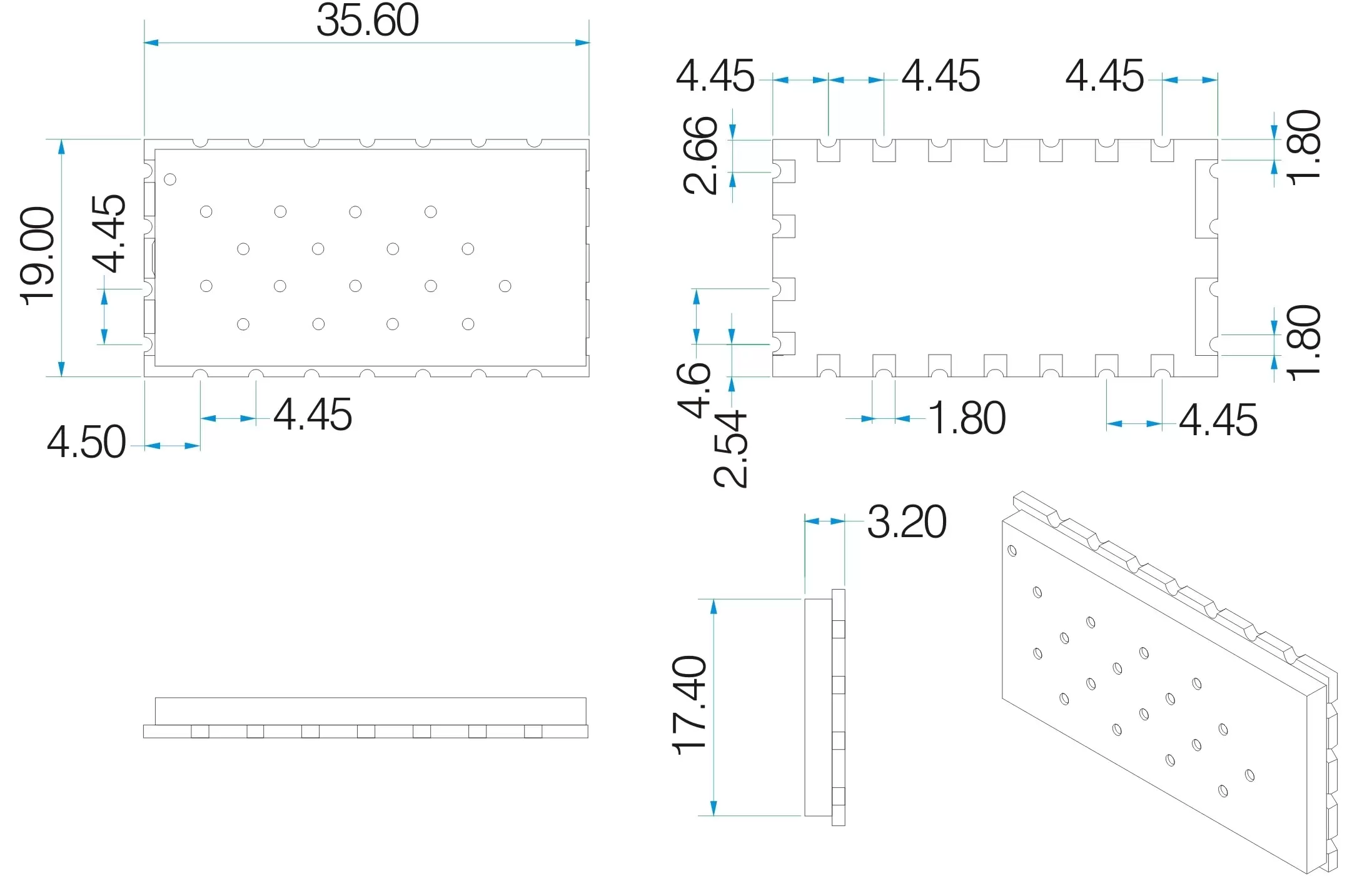 Dimensiones mecánicas del módulo inalámbrico SA818S.