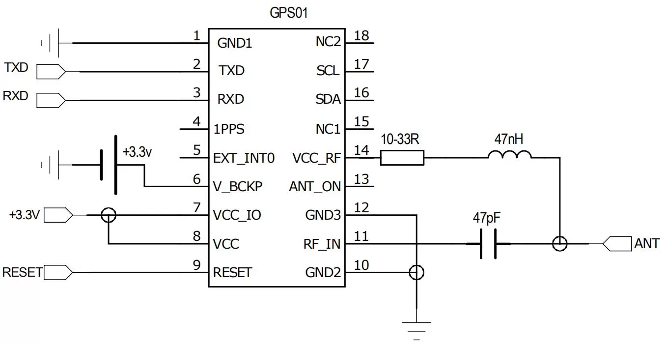 Diagrama de conexión del circuito de aplicación de la antena activa del módulo GPS GPS01