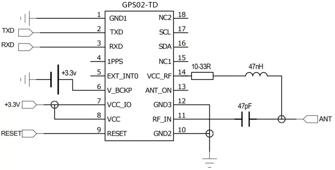 Diagrama de conexión del circuito de la antena activa para el módulo GPS GPS02-TD