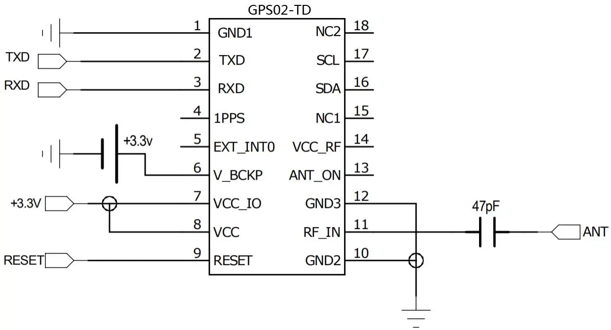 Diagrama de conexión del circuito de antena pasiva para módulo GPS GPS02-TD