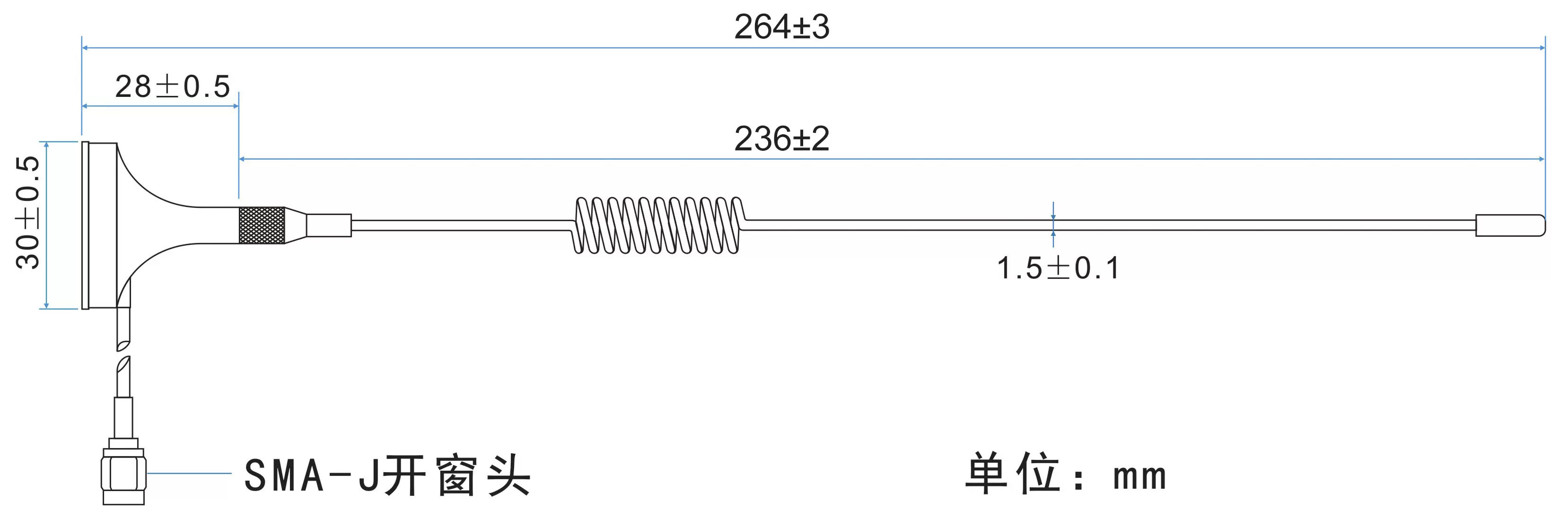 Dimensiones de la antena de ventosa pequeña de 915 MHz SW915-XP1M