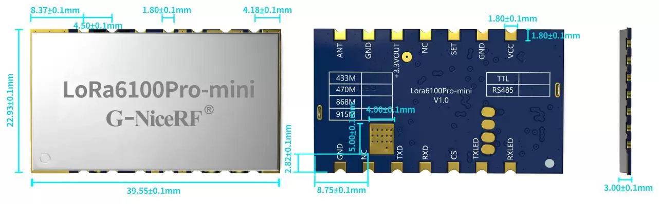 Módulo Lora LoRa6100Pro-mini tamaño