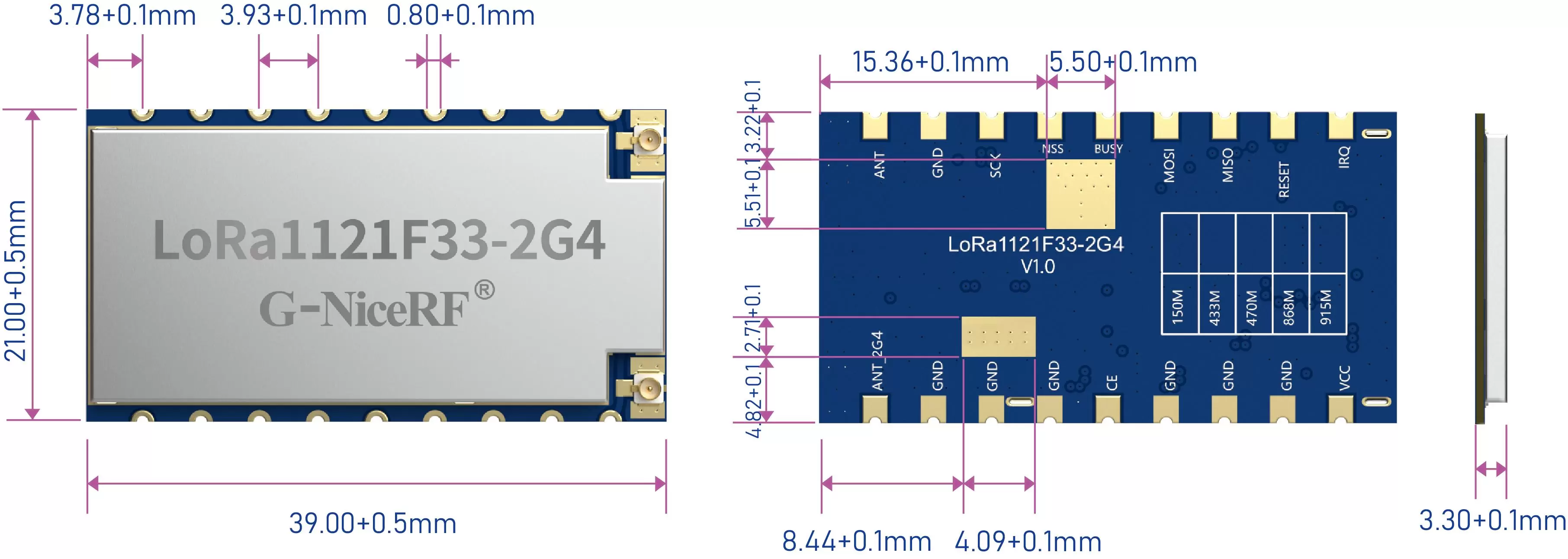 Diagrama de tamaño del módulo lora LR1121 LoRa1121F33-2G4