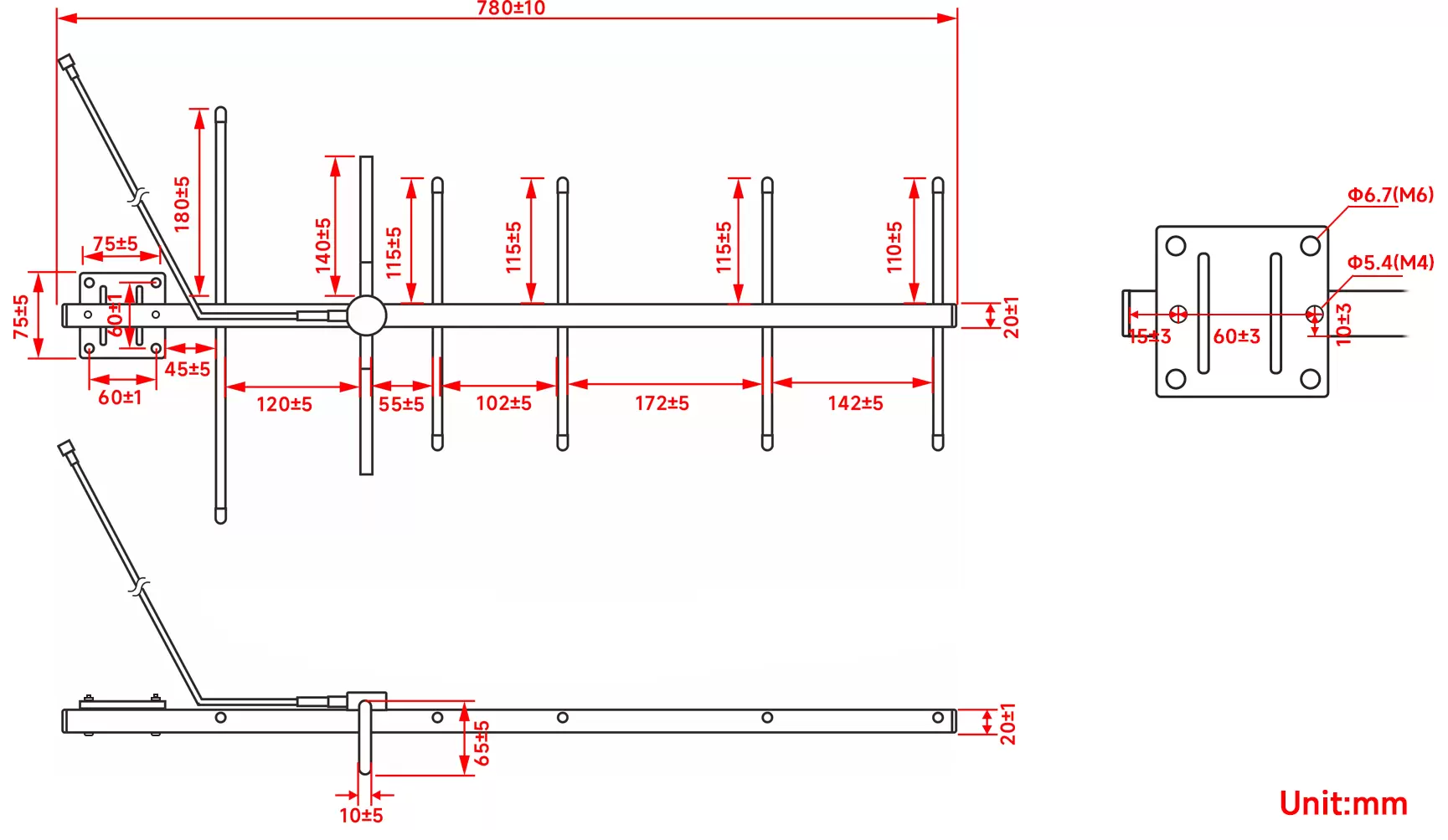 Dimensiones de la antena Yagi direccional de alta ganancia de 433 MHz SW433-BM-02