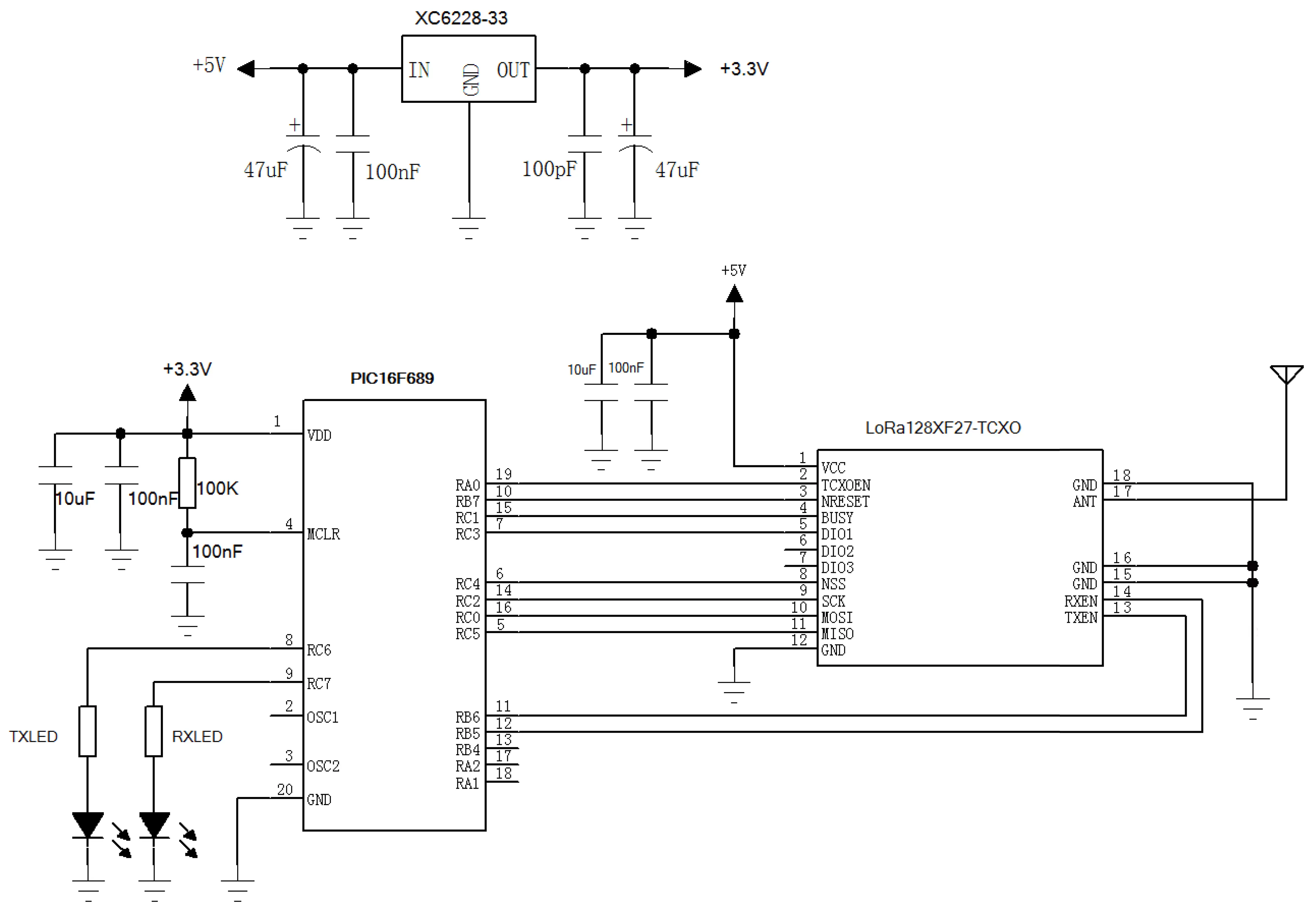 Circuito de aplicación del módulo RF inalámbrico LoRa1280F27-TCXO