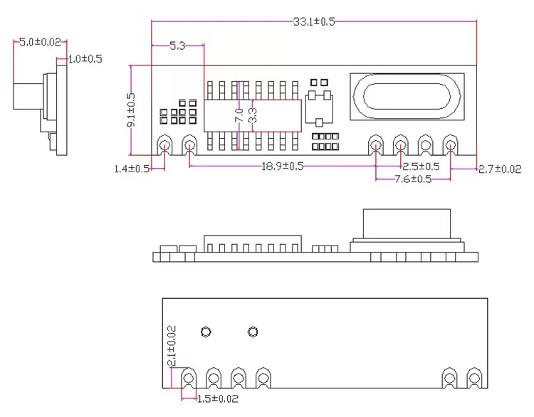 Dimensiones mecánicas del módulo receptor ASK de 315 MHz SRX887