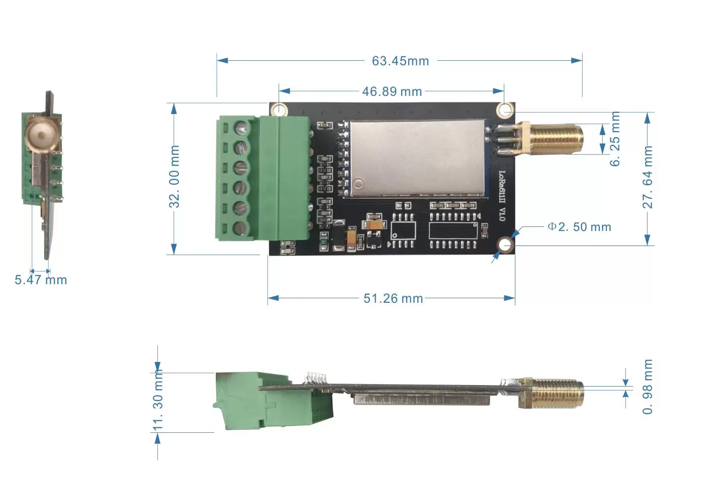Dimensiones mecánicas del módulo inalámbrico LoRa611II