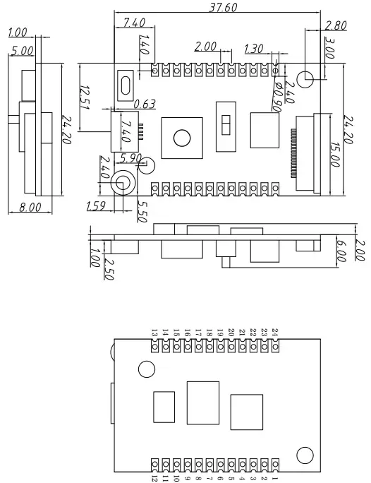 Dimensiones mecánicas del módulo inalámbrico DMR858S.
