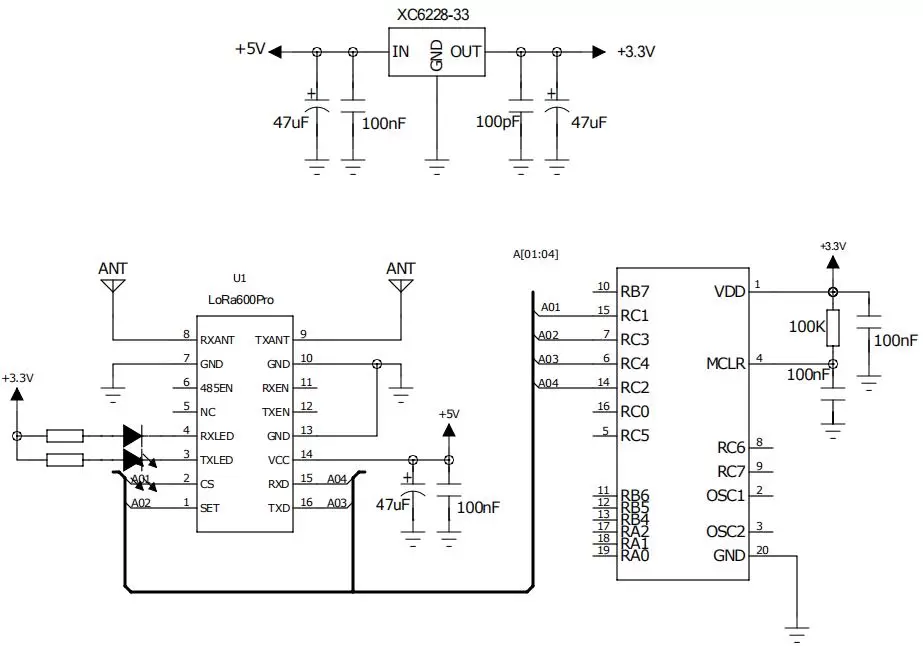 Circuito de aplicación del módulo RF LoRa LoRa600Pro
