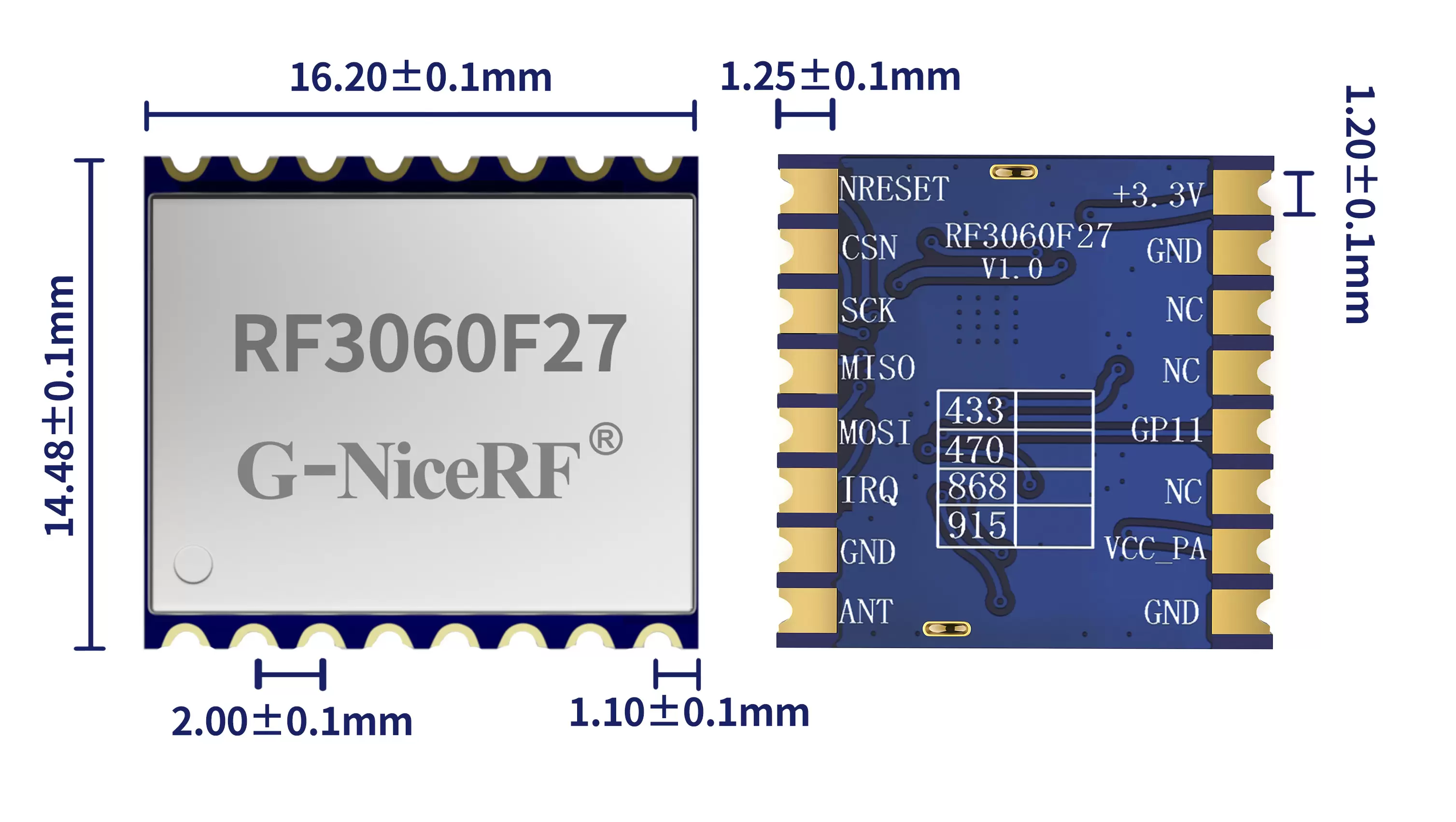 Dimensiones mecánicas del módulo de comunicación inalámbrica RF3060F27