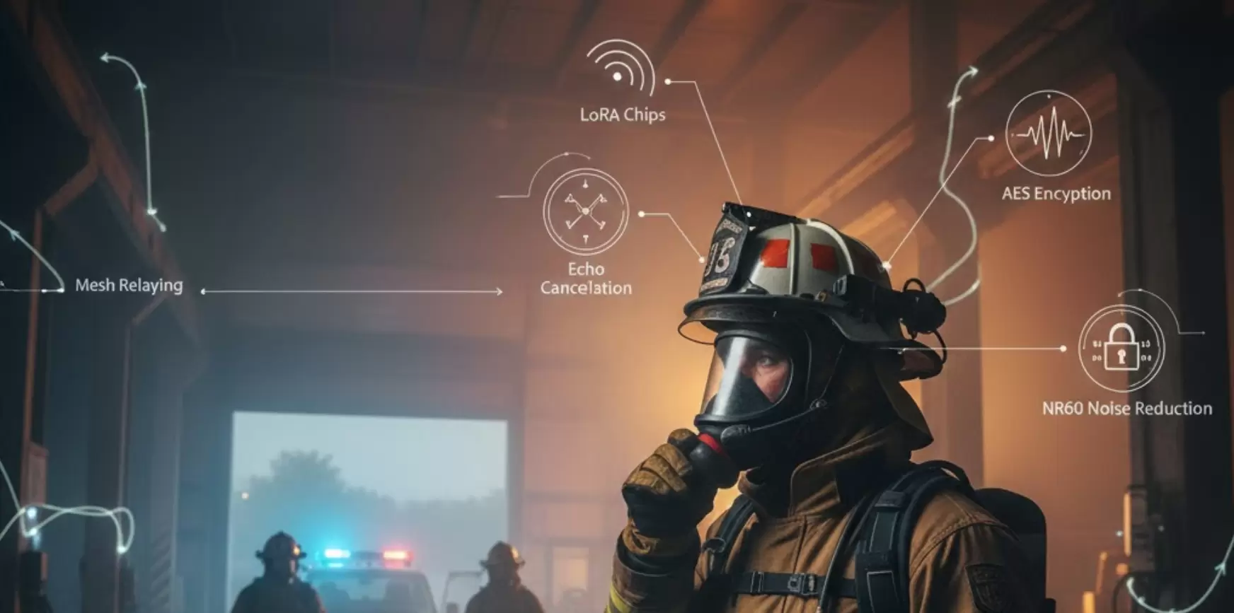 Diagrama que muestra la tecnología de comunicación para bomberos como Mesh, AES y LoRa.